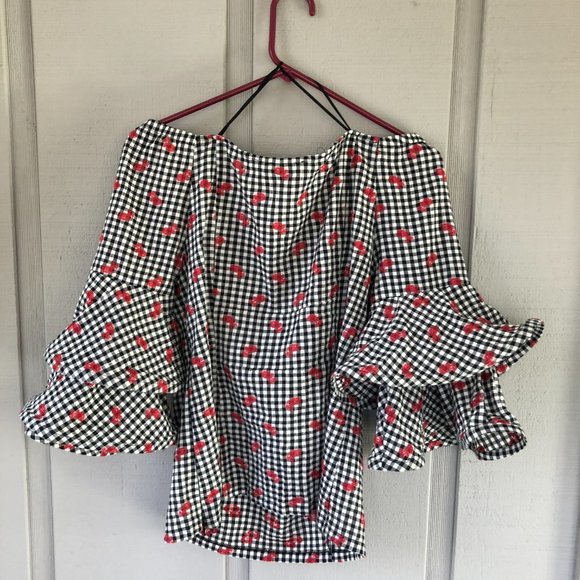 Conspiracy Embroidered Off Shoulder Unique Checkered Top Large - Picture 6 of 6